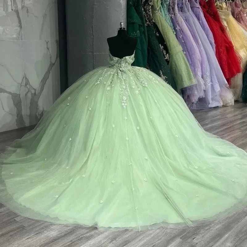 ANGELSBRIDEP Gliitering Sage Green Quinceanera Dresses Luxury Flower Lace Beading Birthday Party Ball Gown Vestidos De 15 Anos