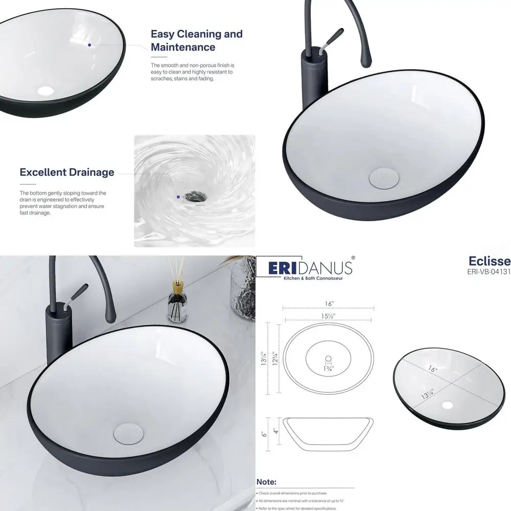Oval White Matte Black Porcelain Bathroom Sink, 16 x 13, Above Counter Art Basin