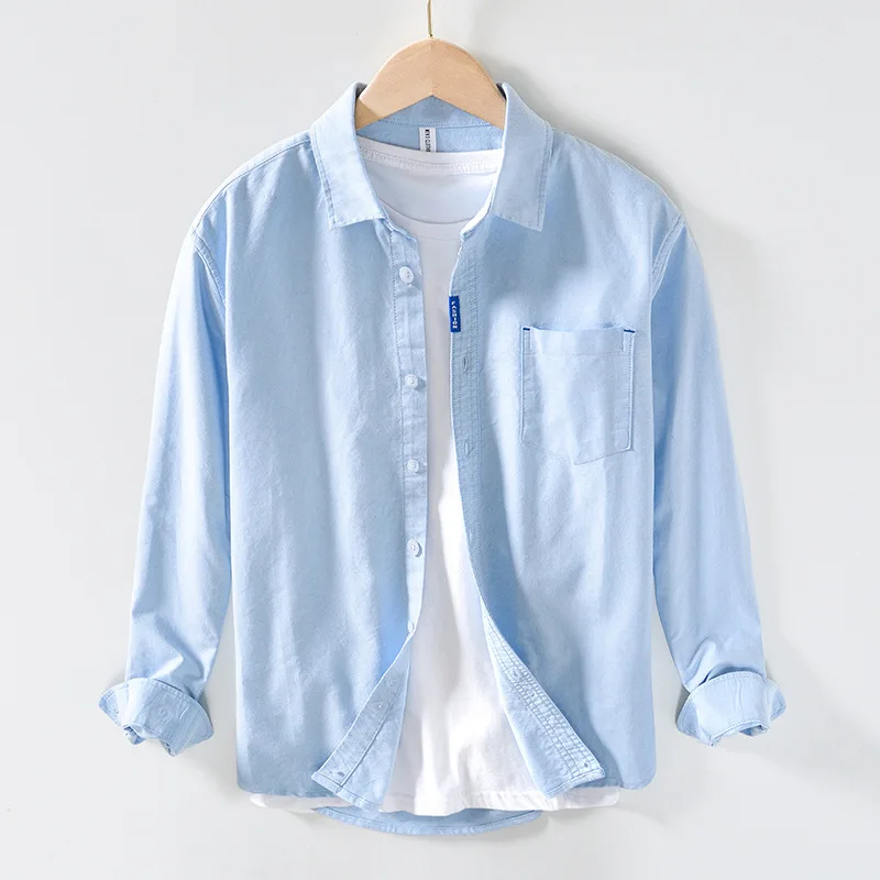 

Spring New Shirt Men'S Japanese Oxford Spinning Cotton Top Casual Solid Color Splicing Loose Square Collar Long Sleeves