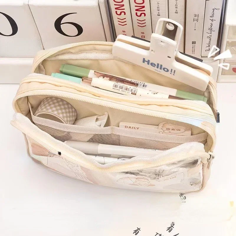 Zipper Pencil Case Stationery Can Hold about 60 Pens Large Capacity Transparent Canvas Bag Portable Multifunctional Durable