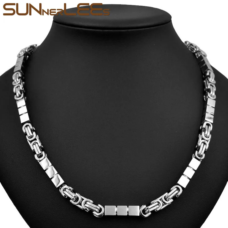 SUNNERLEES 316L Stainless Steel Necklace Bracelet Set 7mm Geometric Byzantine Link Chain Silver Color Gold Plated Unisex SC187 S