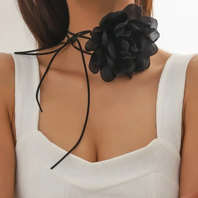 Collier chaîne de clavicule réglable en forme de fleur de Rose, noir et blanc, gothique, mode coréenne, ras du cou en corde Sexy pour femmes, accessoires Y2K, cadeau
