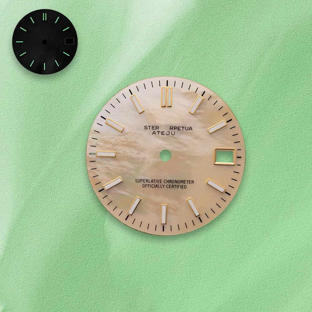 المبيعات الساخنة 28.5 مللي متر S شعار سجل اللؤلؤ قذيفة الذهبي NH35 الهاتفي الأخضر Noctilucent صالح NH36 ساعة يد تعمل بالحركة تعديل الملحقات