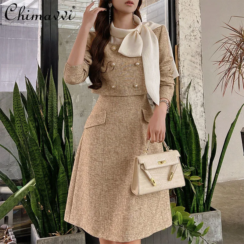 French Fashion Contrasting Color Lace-up Collar Dress 2024 Autumn New High-end OL Long-sleeved Slim Temperament Women's Dresses