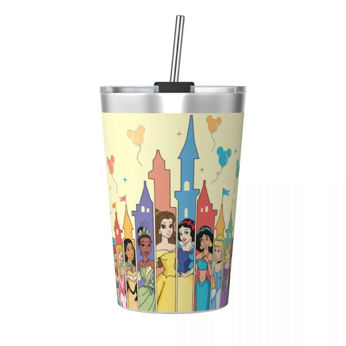 Vaso de acero inoxidable con pajita, vaso aislado al vacío de princesa de dibujos animados, Blancanieves, Moana, Cenicienta, 12oz