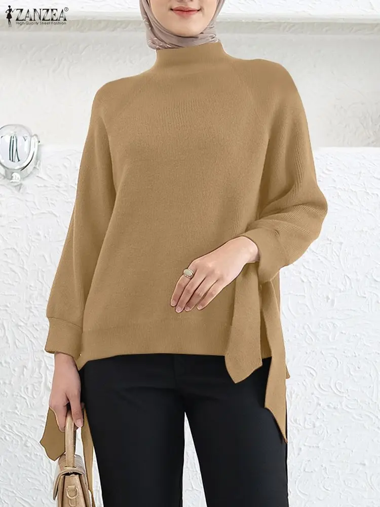 

ZANZEA, скромные хиджабы, женские вязаные свитера в рубчик FW, водолазка с длинными рукавами и завязками на манжетах, однотонный пуловер, топы 3XL