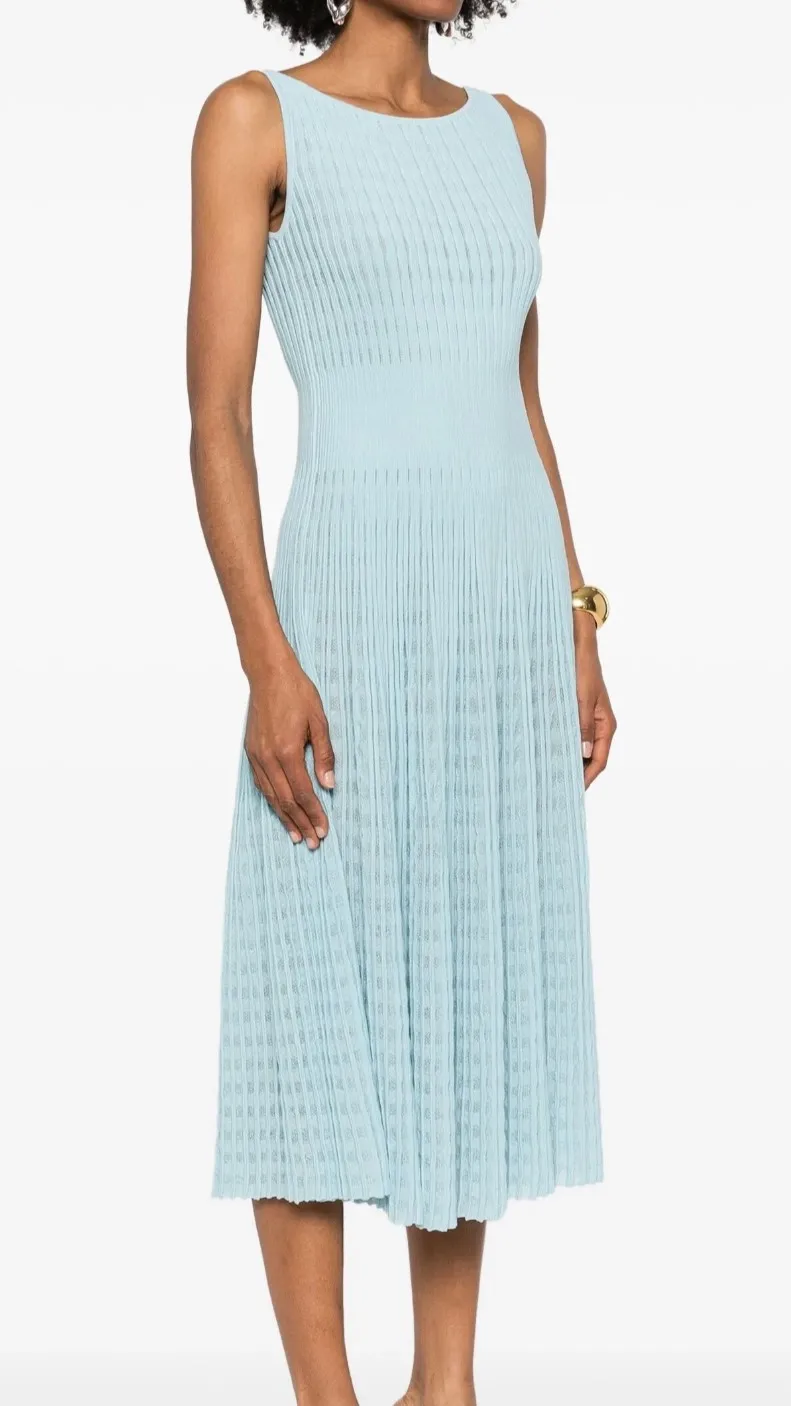 

2 Colors Women Hollow Out Midi Dress Round Neck Sleeveless High Waist Elegant Slim Knitted Robe