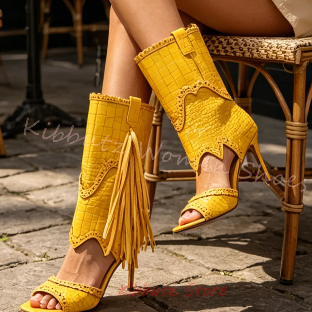Women Ankle Boots Fringe Crocodile Stiletto Heels Open Toe Slip-On Leather Shoes Vintage Western Fashion Elegant Solid Color New