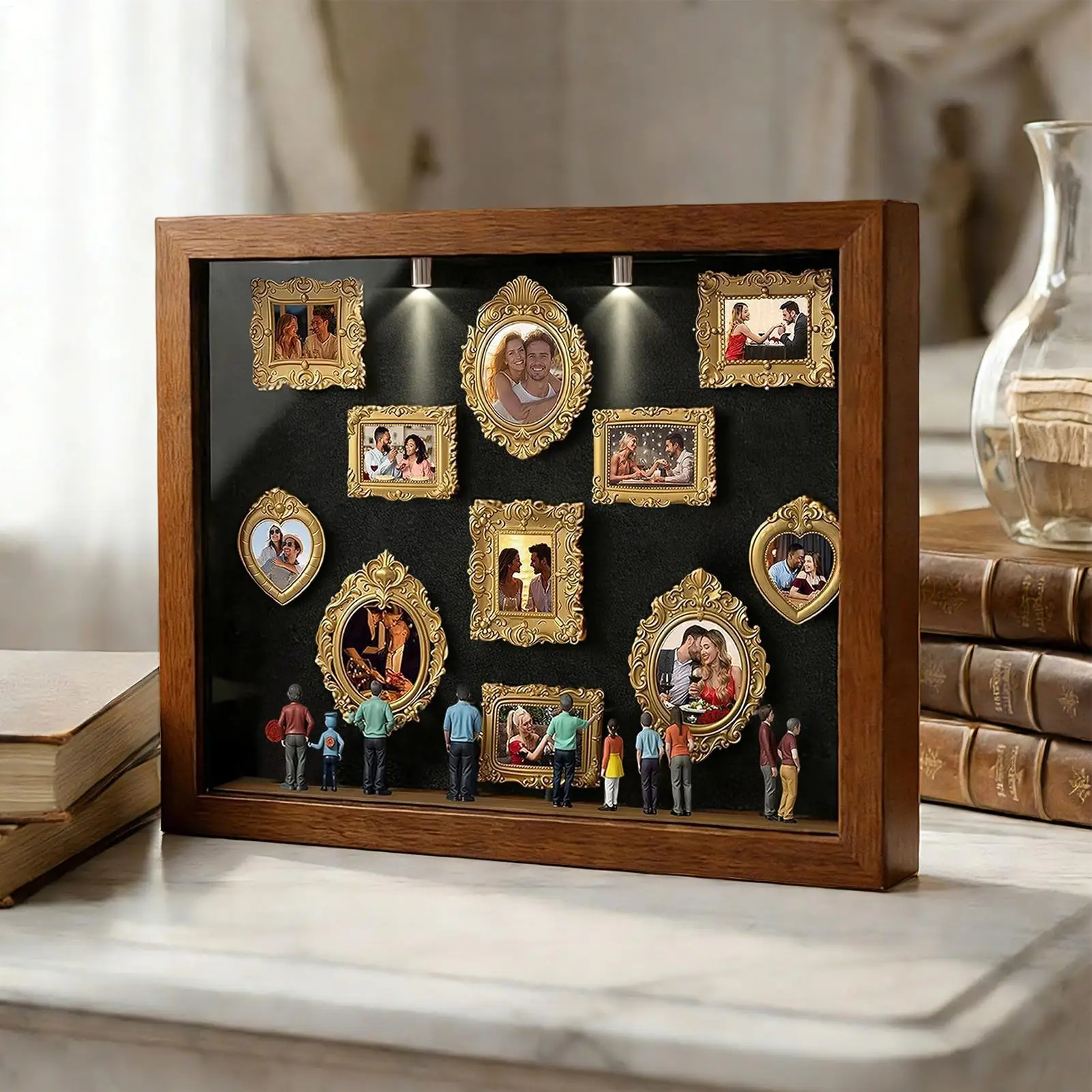 DIY Mini Museum Silhouette Box Creative Memory Display Kit with Mini Figurines Gold Frames for Anniversary Wedding Gift