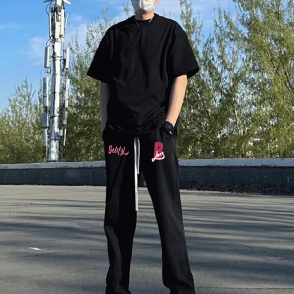 

Versatile straight leg sweatpants, American high street fashion brand drawstring sports casual pants, men's wide leg pants