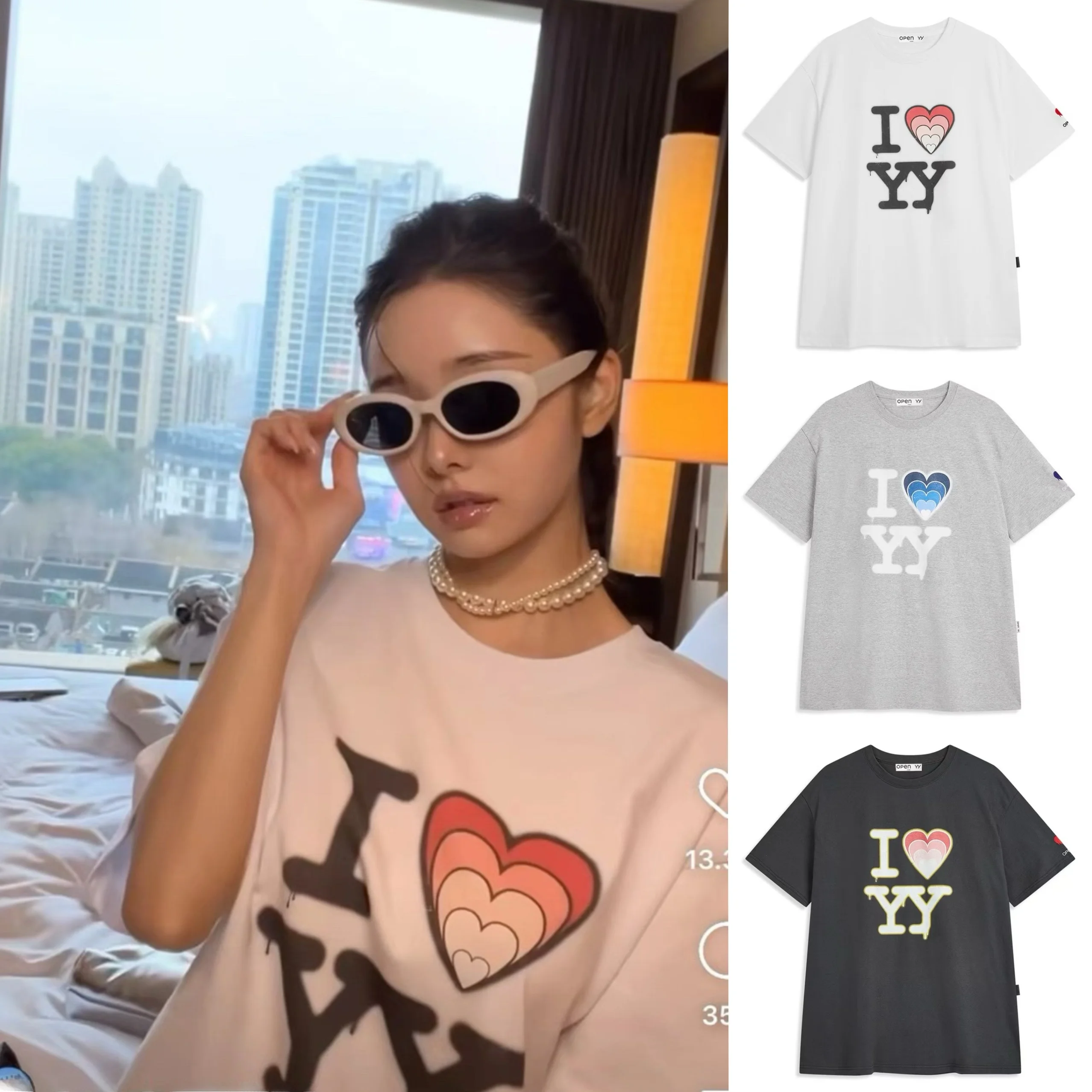 

Casual Loose ort Sve T-irt Heart Print round Ne Cotton 00% Summer Faion Women's Top Small ence Song Ji-ya