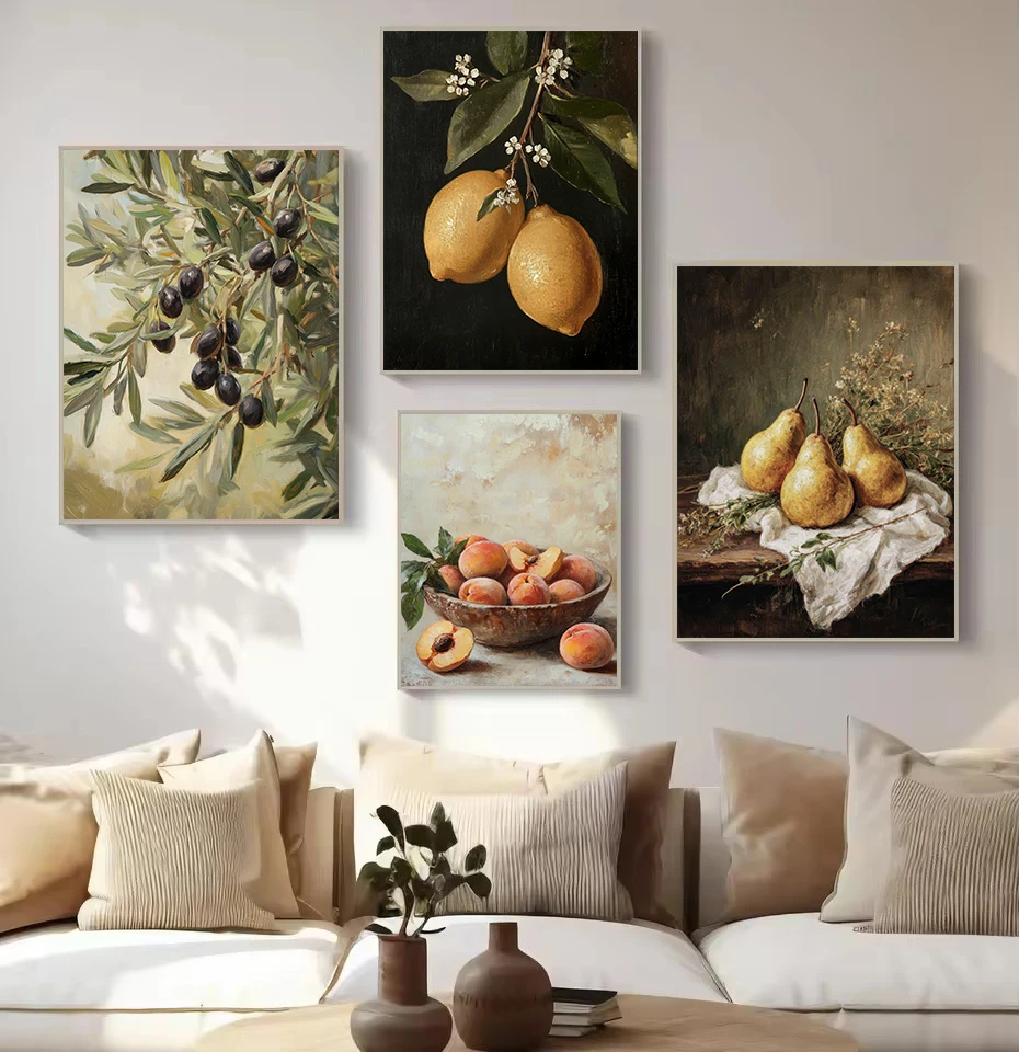 Vintage Still Life Lemon Pomegranate Pears Peaches Painting for Kitchen Fruit Poster Canvas Painting Wall Art Picture Home Decor