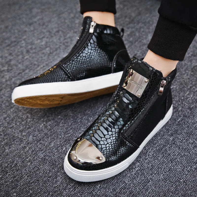 Moda prata crocodilo skate tênis homens espelhos designer sapatos de luxo dos homens streetwear alta superior zip sapatos esportivos masculinos