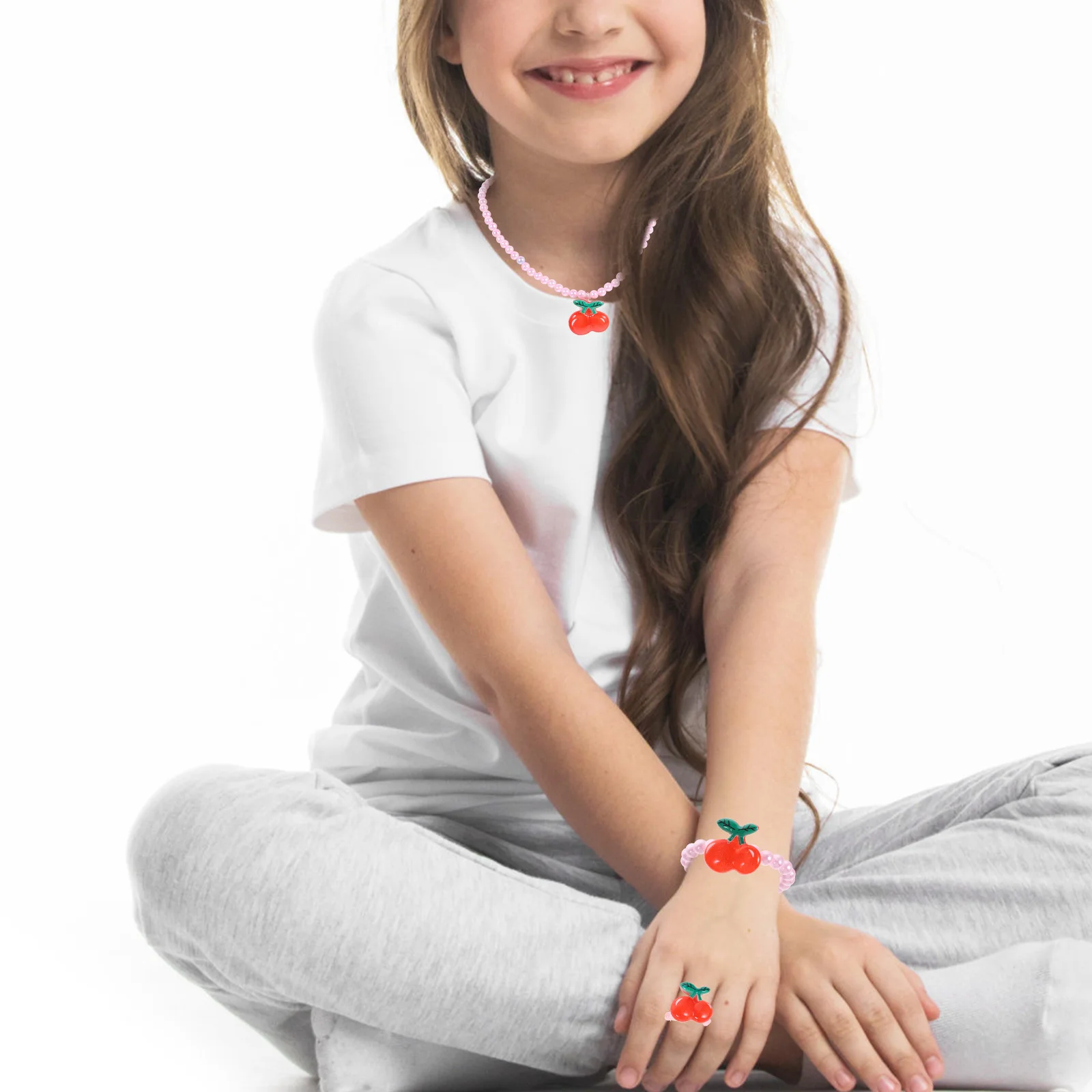 

3Pcs Cherry Pendant Necklace Kids Pearl Jewelry Pink Imitation Pearls Durable Glossy Strong Strand Perfect for Birthday Wedding