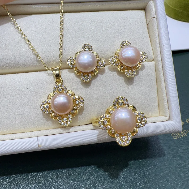 Vintage Square Flower Set Niche Design Fashionable Natural Pearl Pendant + Earrings + Ring view 3