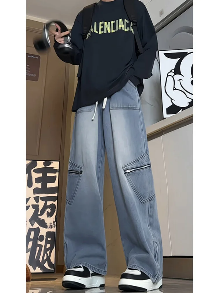 

Мужские широкие прямые джинсы Cleanfit, весенние уличные джинсовые брюки с застежкой-молнией и манжетами, модные длинные брюки свободного покроя