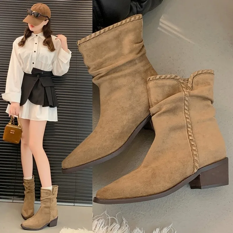

Autumn New Pointed Toe Suede Sve Anti-slip Wear-resistant Single Shoes Shaped Heel Mid-leg Boots Plus Size 40 Fashion Casual