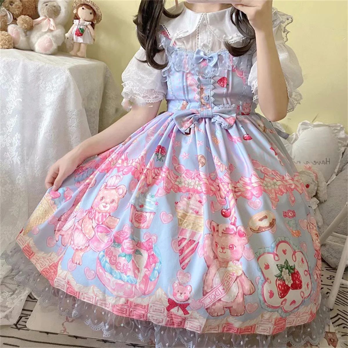 Japanische süße Art kawaii loli lolita jsk Mädchen cosplay niedlichen Druck Bär Erdbeeren Eis Punkt Spitze Rüschen Kleid