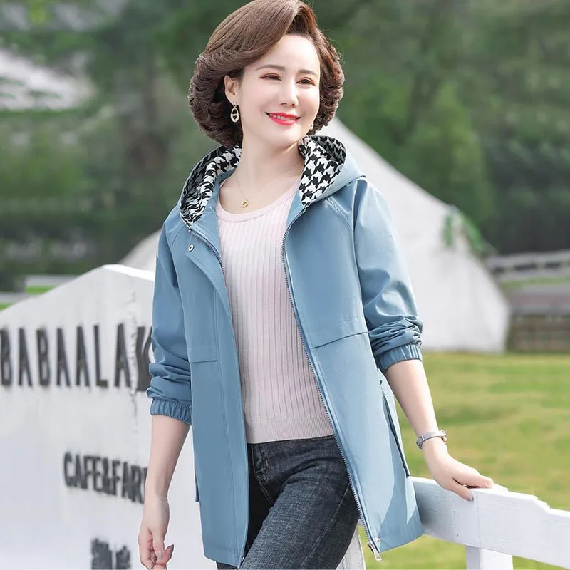 

Spring Autumn New Hooded Windbreaker Jacket Female Casual Windproof Coat Female Parker Outerwear Trench Coats Overalls Khaki 5XL