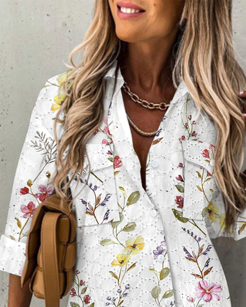 Damesblouse Top Bloemenpatroon Shirt met lange mouwen Oogje Borduursel Zakontwerp Blouse Top Temperament Woon-werkverkeer Retro Top