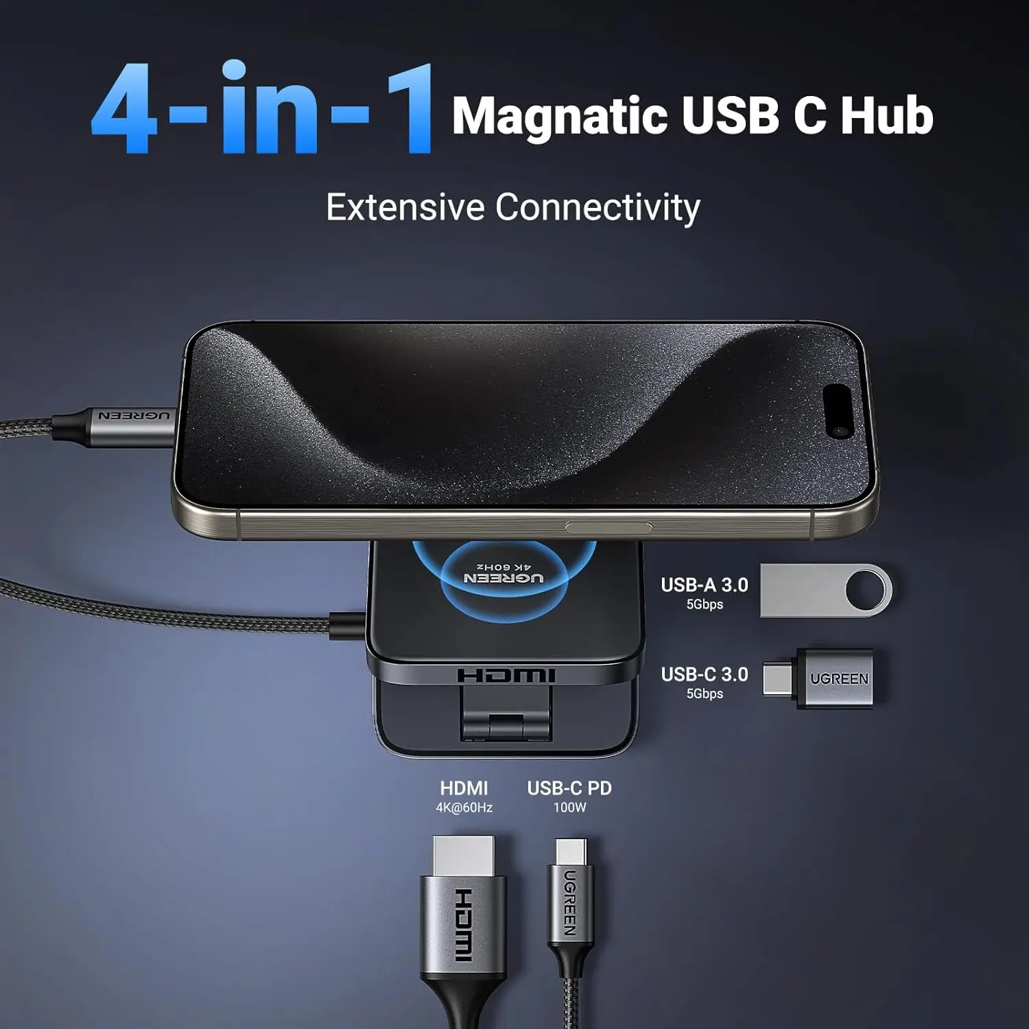 UGREEN USB C Hub, 4-in-1 Magnetic USB C to HD-MI Adapter 4K@60Hz, 100W PD Charging, Foldable Portable USB C Adapter