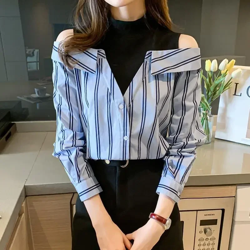

Fake Two Pieces Chiffon Silk Blouse for Women Off Shoulder Top Cool Blue Stripe Cotton Satin Shirt Woman Particular Trends Youth