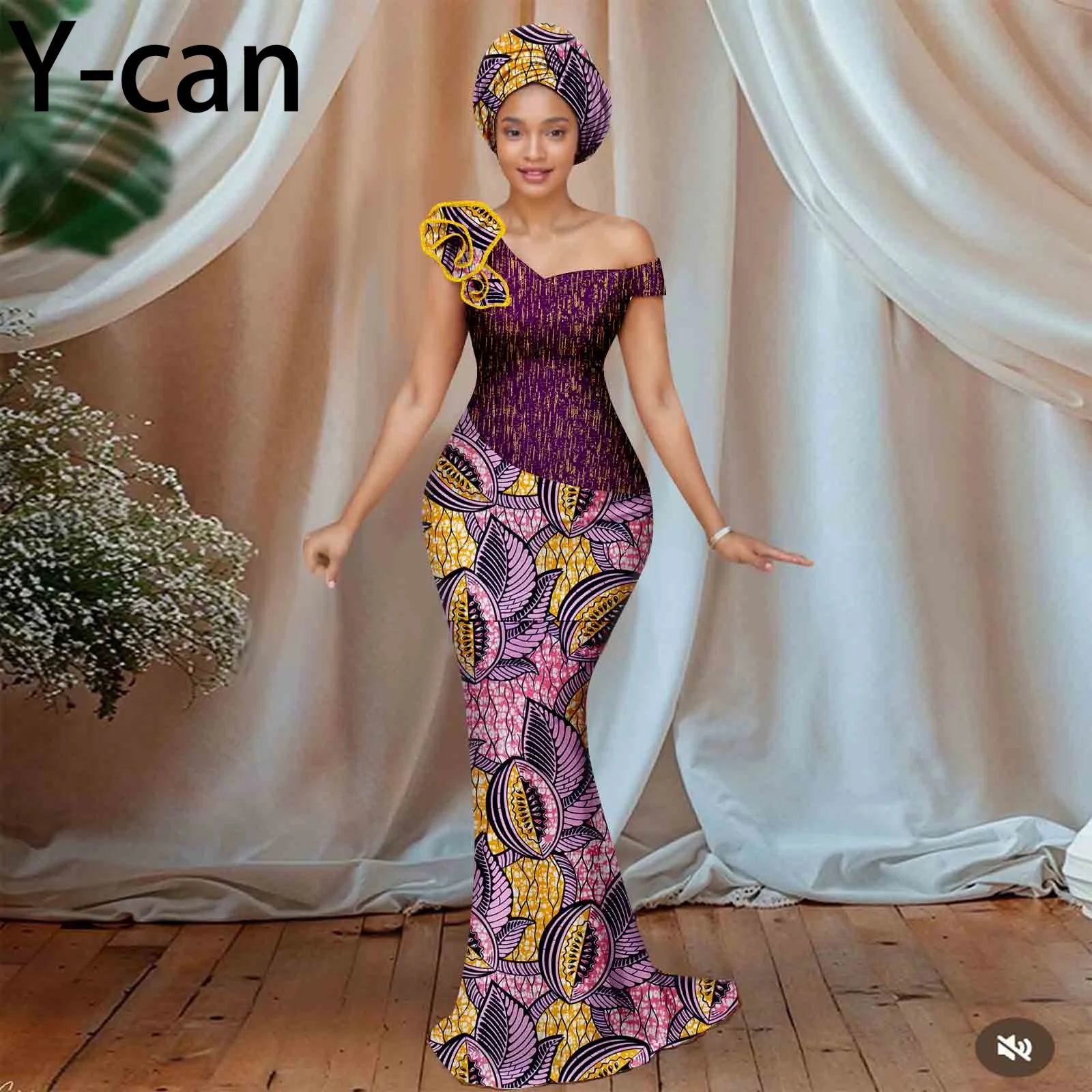 

Ankara Fashion Women Dress Luxury Sexy Slanted Shoulder Flower Gown Match Headscarf African Traditional Wedding Party 2525159