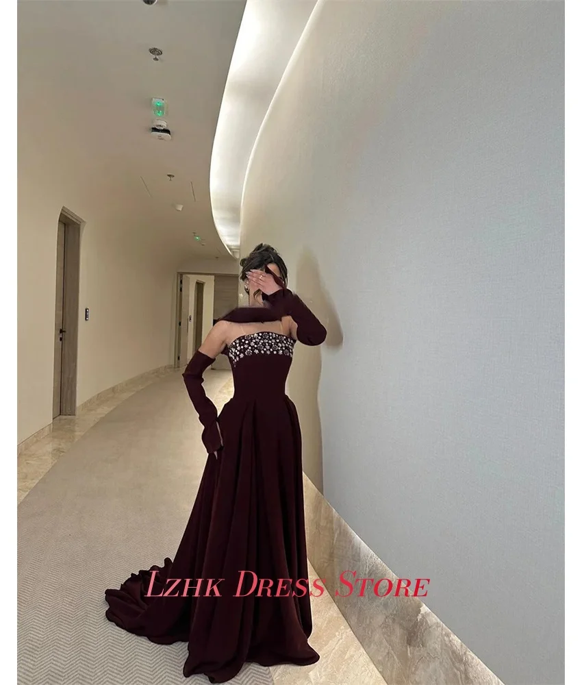 맞춤형 모던 저지 A라인 탈부착 가능한 소매 크리스탈 이브닝 드레스 섬세한 민소매 스트랩리스 플로어 기장 프롬 드레스