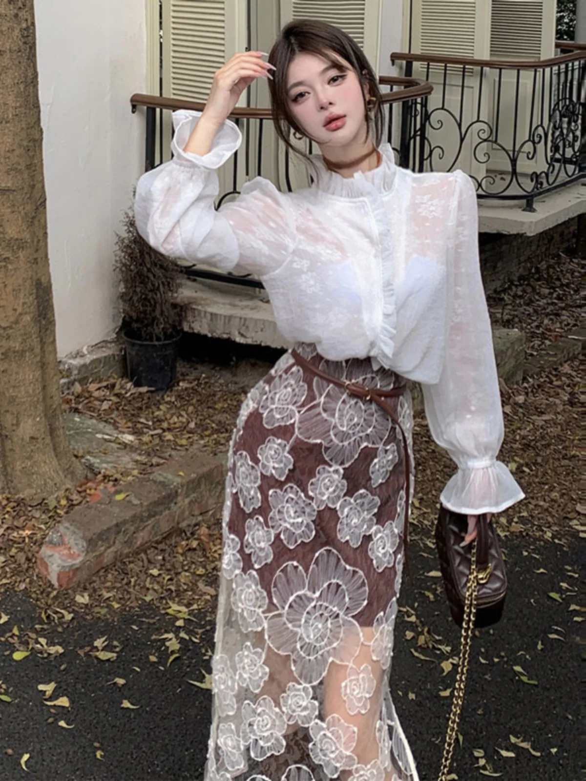 

Elegant Lace Shirt And Skirt Set Spring Fashion Design Comfortable Cotton Long Sleeve round Neck Two-Piece Women's Outfit