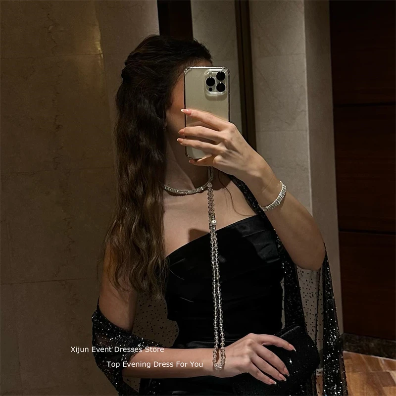 Xijun Glitter Black Evening Dress Lace 2023 Prom Dress With Jacket Luxury Prom Gown Formal Saudi Arabric Dubai Ankle Length