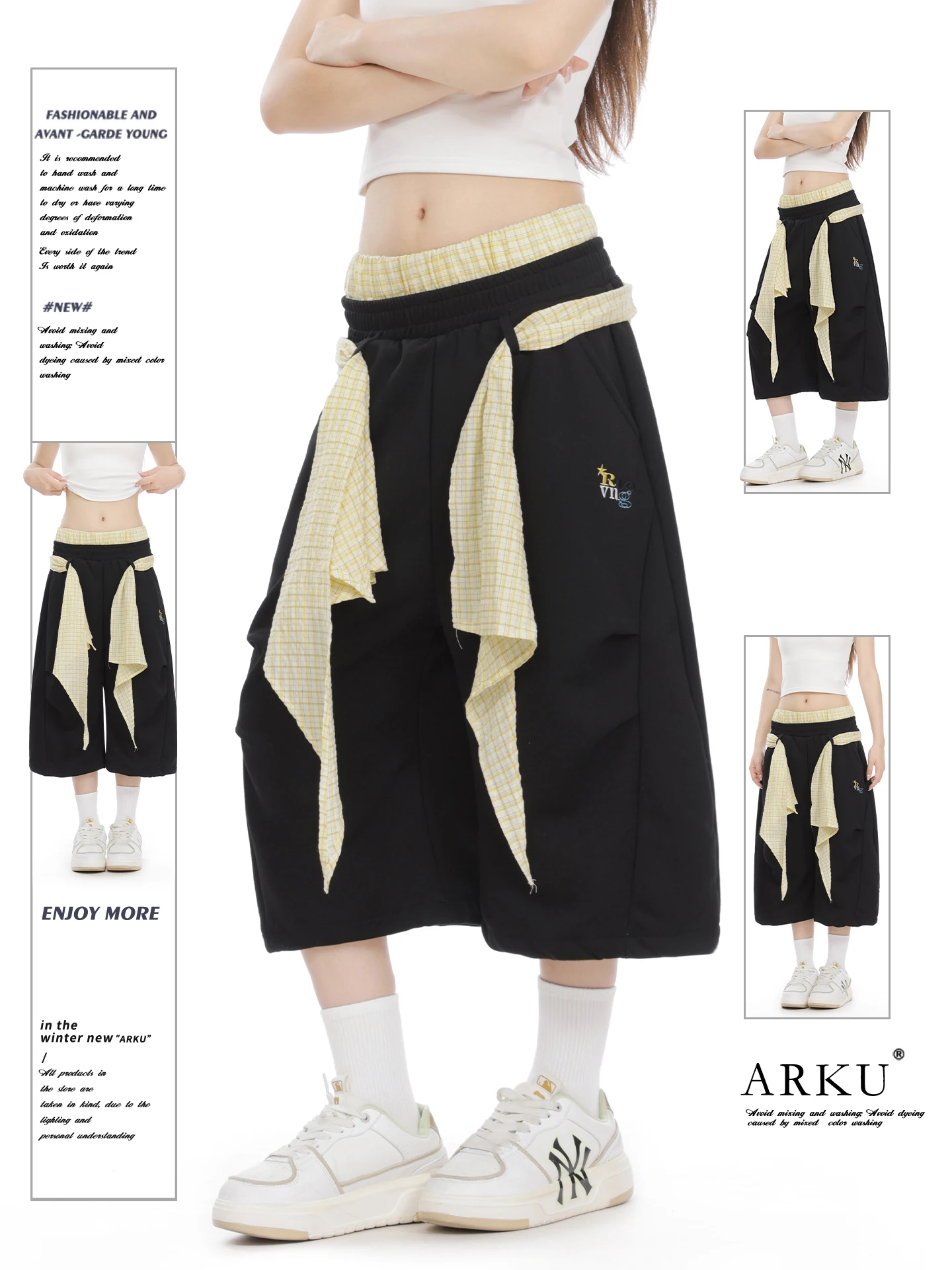

Casual American Plaid Short Pants Women's Loose Double Waist Head Street Dance Wide Leg Sport Seven Parts Trousers