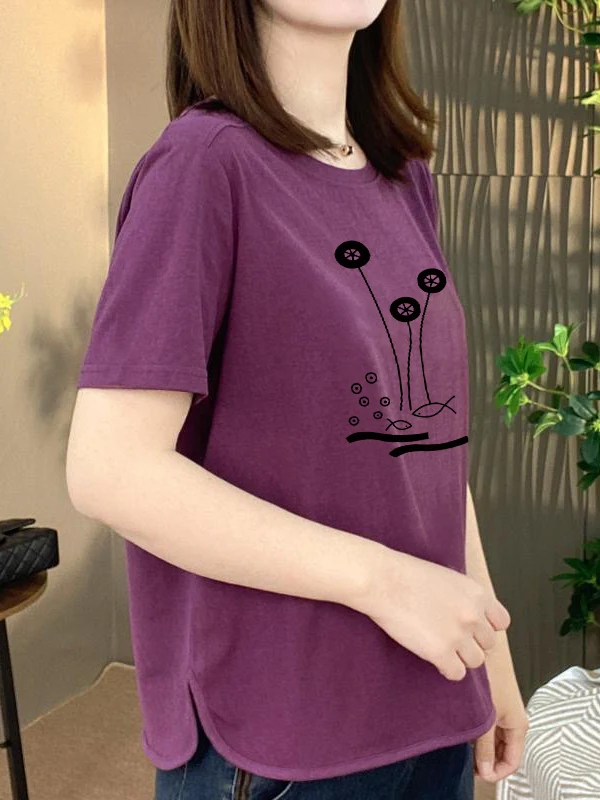 

Новая летняя повседневная футболка 2026 года с круглым вырезом и коротким рукавом, с принтом, женская, больших размеров, свободного кроя, из полиэфирного волокна, для мам