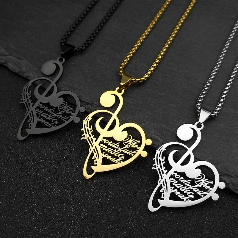 Hollow Music Note Necklace Love Heart Letter Pendant Chain Stainless Steel Black Color for Women Men Hip Hop Chain Jewelry Gift