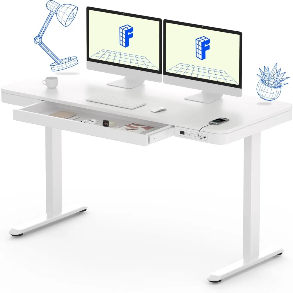 

55" White Electric Standing Desk with Drawers, Quick Assembly Home Office Sit Stand Desk with Storage, USB Charging, Computer D