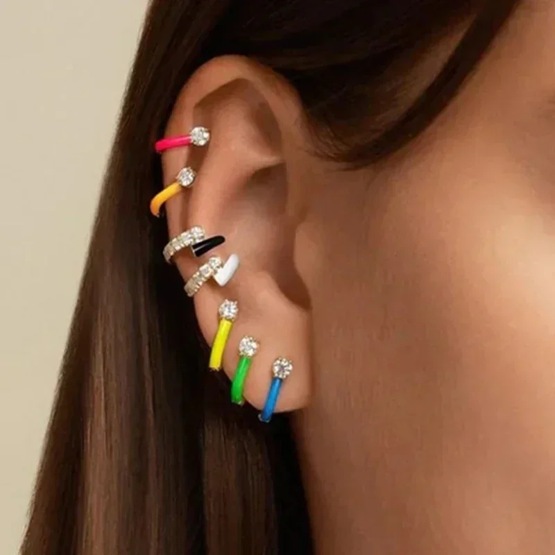 Pendientes 925 Sterling Silver Ear Buckle Colorful Enamel Hoop earring CZ gold Kolczyki dla kobiet Biżuteria modowa prezent urodzinowy — zdjęcie 6