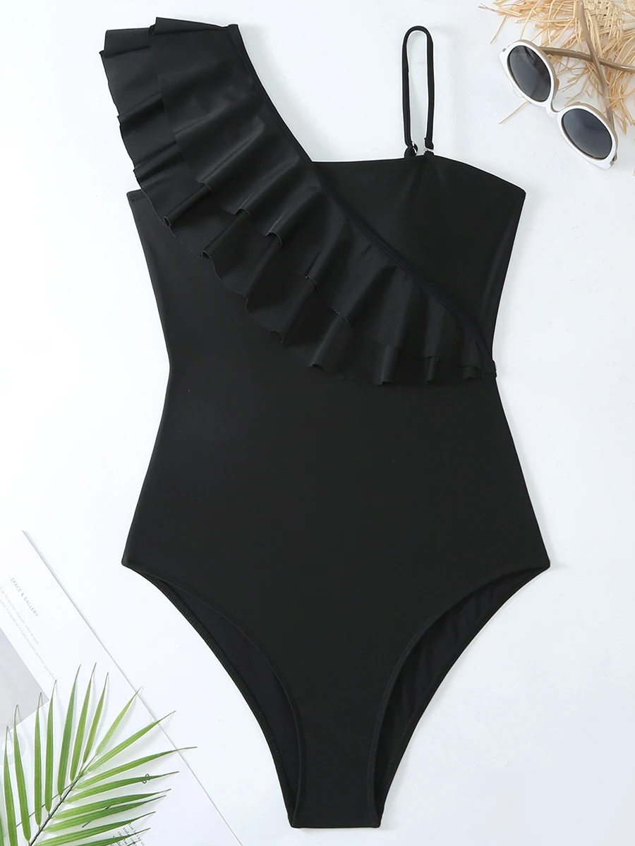 2024 One Shoulder Frill Solid Swimsuit Women One Piece Swimwear Female Beachwear Bathers Bathing Swimming Swim Suit