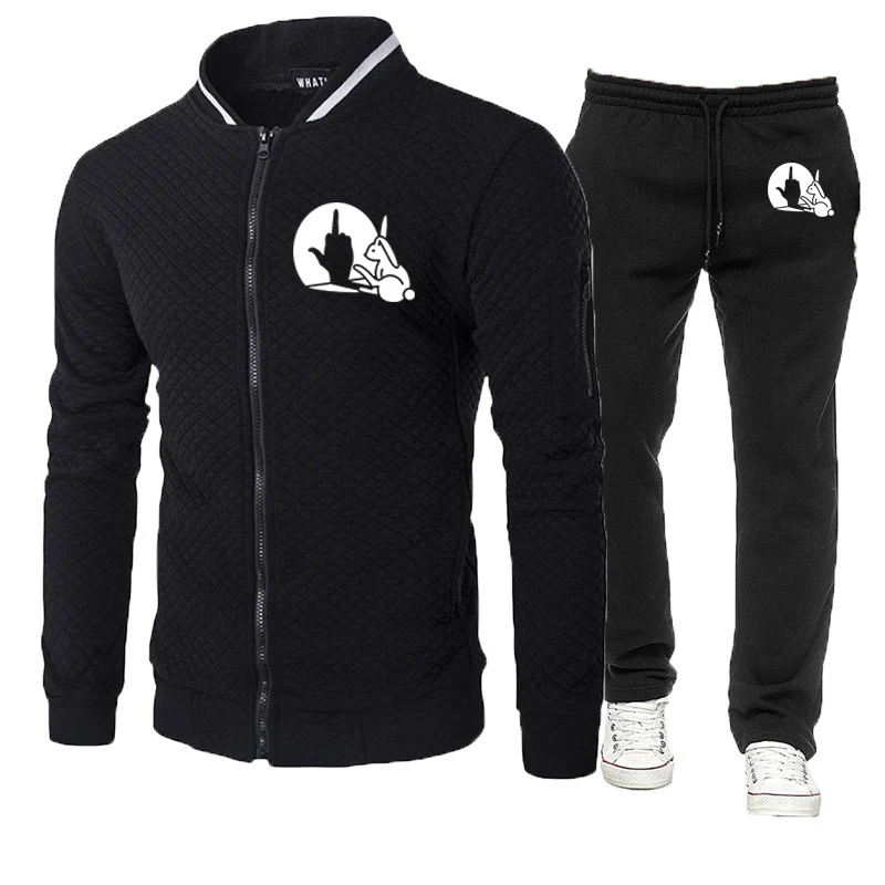 Funny Rabbit 2025 New Men's Slim-fit Set Animal Bunny Lover Men Casual Zipper Jacket+Pants Fashion Streetwear Comfortable Suit