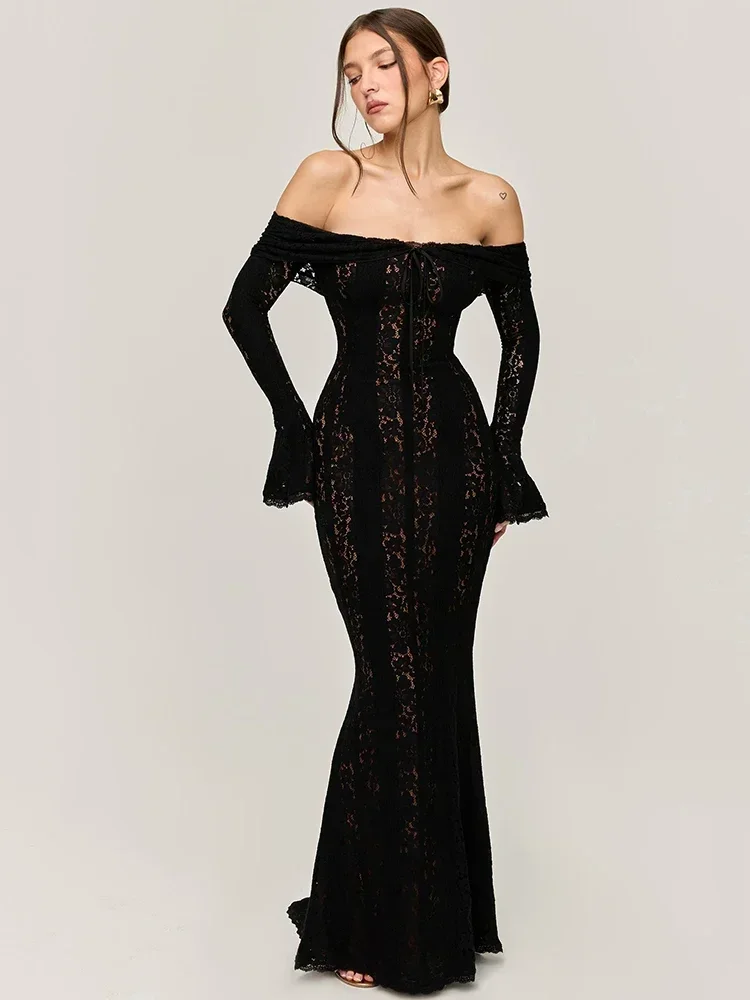 Suninbox Lace Off-shoulder Sexy Maxi Dress Women Elegant Long Sleeve Bodycon Evening Party Dress Long Wedding Guest Dresses