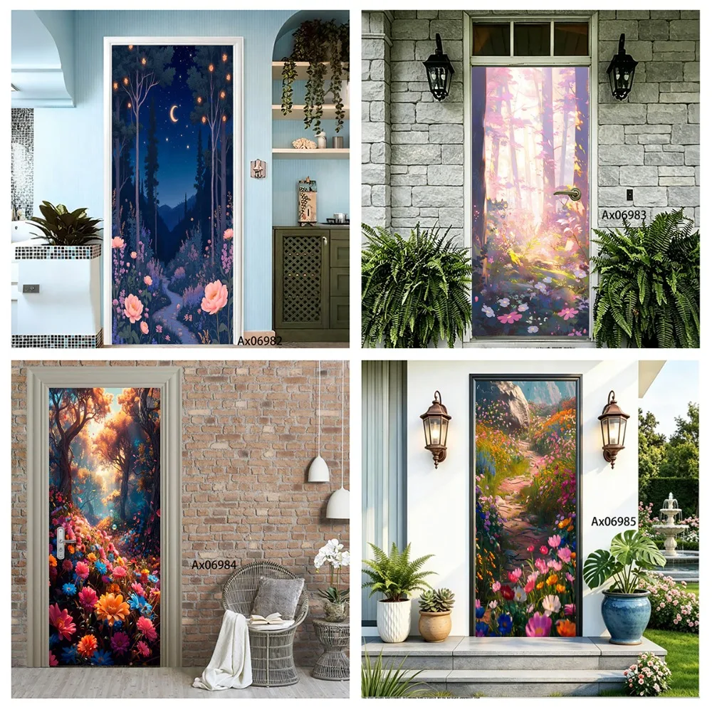 Autumn Forest Landscape Door Decal Waterproof Removable Golden Sun Creek Forest Print Sticker Home Indoor Entryway Door Decor