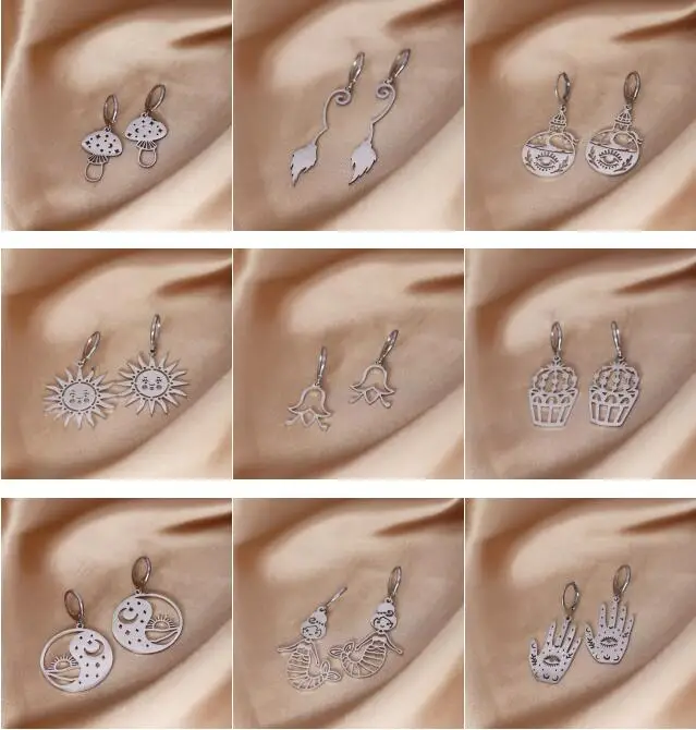 CHENGXUN Moon Stars Celestial Bodies Mushroom Charm Earring  Leaves Branch Feather Hoop Earrings Charm Jewelry for Women