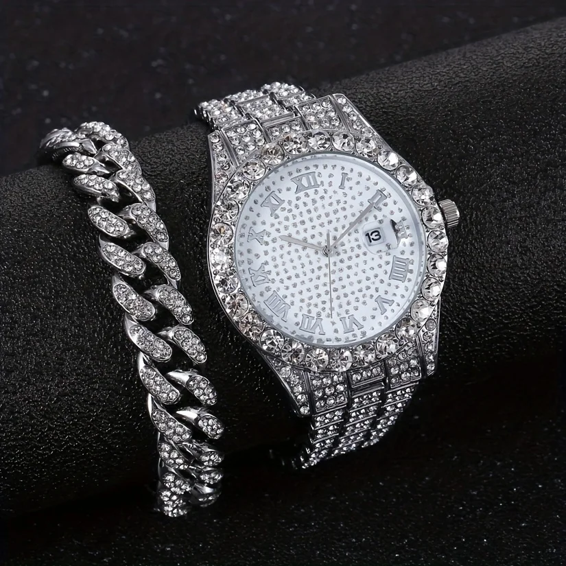 1pc Men\'s Calendar Rhinestone Studded Quartz Wristwatch With Alloy Steel Strap And 1pc Rhinestone Strap, Ideal choice for Gifts