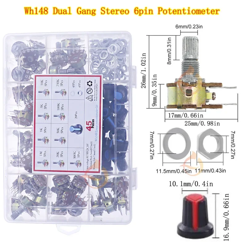 Enkele Dubbele Potentiometer Assortiment Kit 3pin 5pin 6pin Schakelaar Audio As Versterker Afdichting B 1K 2K 5k 10K 20K 50K 100K 250K 500K