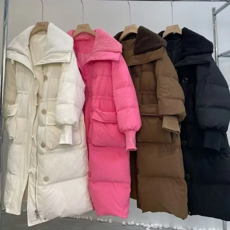 Winter Warm Thick Long Puffer Jacket Patchwork Cotton Coat Over The Knee Parkas Korean Chic Coat Windproof Windbreaker New