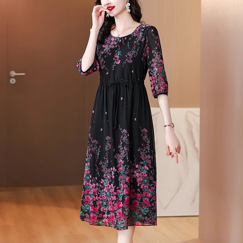 2024 Vintage Black Floral Silk Luxury Midi Dress Women Elegant Bodycon Prom Dress Summer Korean Fashion Party Evening Vestidos