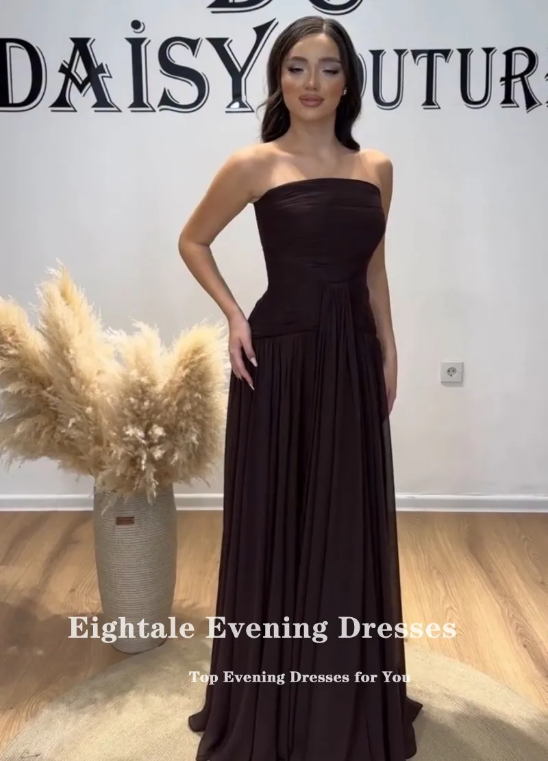 Eightale Arabische Abendkleider für Hochzeit, Party, trägerlos, maßgeschneiderte Chiffon-Falten, A-Linie, bodenlang, muslimische Ballkleider