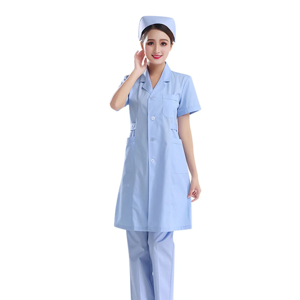 

Nursing Uniform Blue Short Sleeve Cotton V Neck Lightweight Medical Lab Coat For Hospital Clinic Pharmacy Beautician