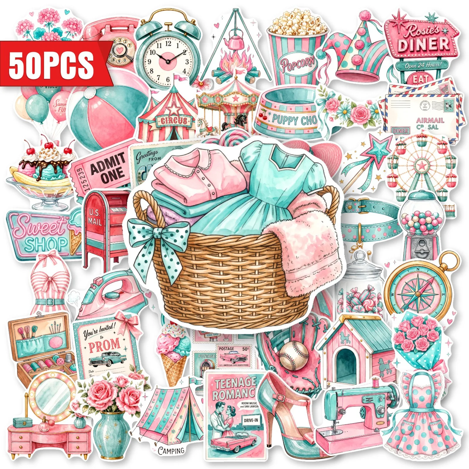 50Pcs Retro Pink Girly Youth Culture Stickers Waterproof for Suitcase Skateboard Helmet Reward Journal DIY Decor Decals