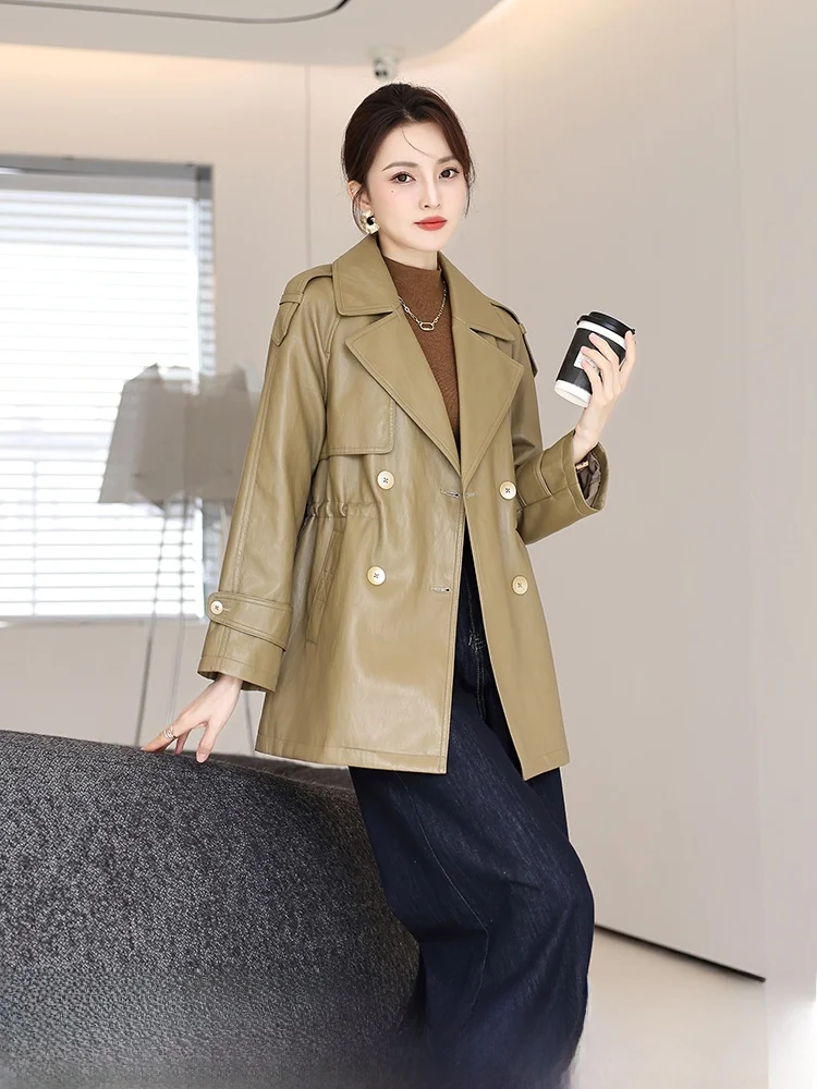 

Haining Genuine Leather Jaet Women's Mid-Length Waist-Cinching eepskin Coat New Sle Spring Autumn Slimming Leather Wind...