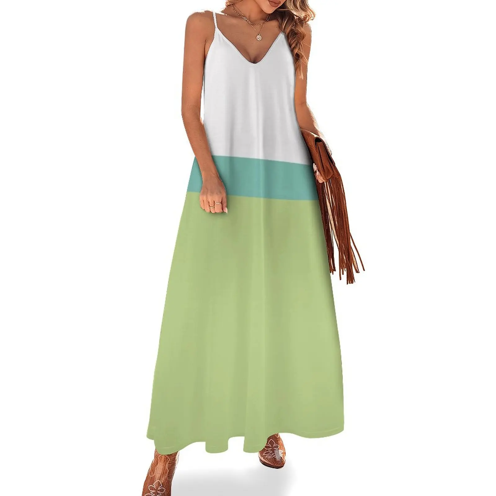 

Summer Wave Minimalist Slanted Color Block Design in Aqua Blue, Pale Lime Green, and White Sleeveless Dress