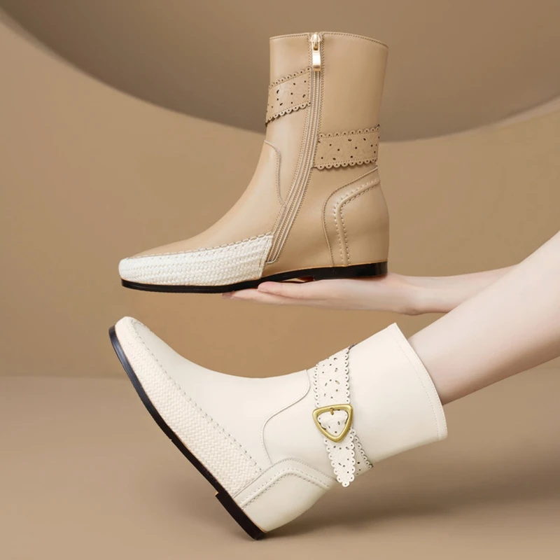 

Women's new leather, cowhide, metal belt buckle with increased height, mid heel, plus size round toe fashion boots, short boots